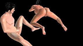 animated cartoon of japanese man and indian woman in doggy style with mutual touching