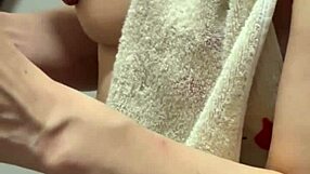 beautiful busty married woman nude before filming, nipples washed clean