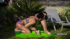 busty pornstar kira queen and her sexy skinny gf plays with sex-toys outdoor