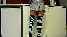 latina brunette munches banana then sucks monster cock in kitchen