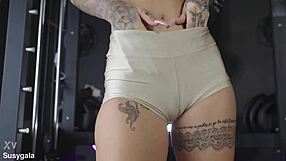 i'm ridding dildo super horny in gym with big tits