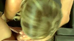 blonde babe enjoys ass licking and footjob in car