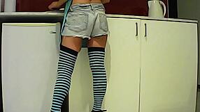 latina brunette munches banana then sucks monster cock in kitchen