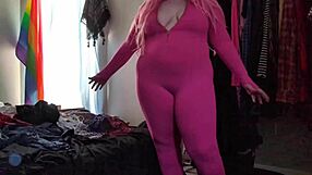 Trying on this stretchy pink bodysuit in the mirror