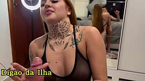 ruiva with tight pussy loves sucking and taking cock in sheer and red