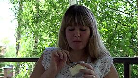 Chubby MILF enjoys a mukbang with her fat belly in an outdoor ASMR session.