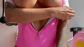 Look at luscious monika fox stripping in her pink bodysuit in the kitchen.