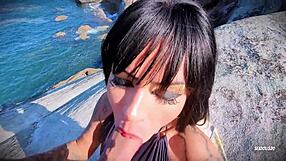 Incredible sex biker girl goes crazy with lust on the beach