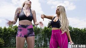 Huge tits MILF lesbians Kendra Sunderland and hot babe Kayley Gunner enjoy hot lesbian sex and deep dildo fucking!