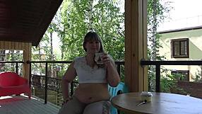 Chubby MILF enjoys a mukbang with her fat belly in an outdoor ASMR session.
