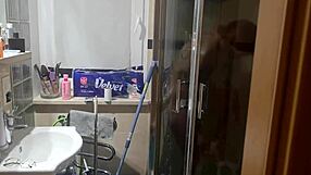 Huge Cumshot Covers Her Face After Shower Blowjob