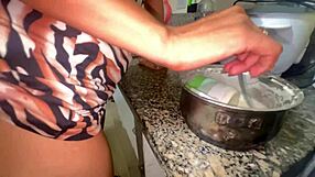 busty stepmom seduces innocent stepdaughter in kitchen