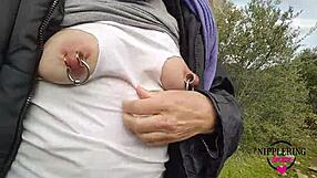 nippleringlover's kinky mother flashing extreme pierced nipples, pussy, and sexy ass on public street