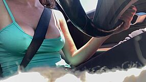italian milf artemisia love shows big tits outdoor in car, horny close up