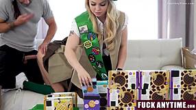 Stepdaughters sell cookies and follow their stepdads guidance in a fun activity.