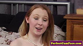 Natural big-titted beauty receives cum spray after blowjob