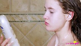 Did the skinny teen brunette take a relaxing shower?