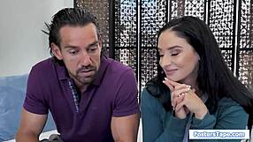 Busty babe sucks stepdad's big cock in threesome