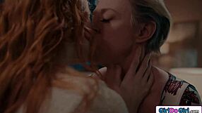 Busty milf pulls redhead's nipples and facesits