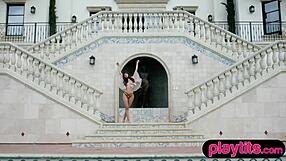 Petite brunette babe teases juicy tits and bubble butt outdoors