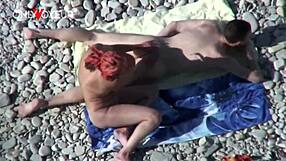 Beach voyeur busty cougar milf getting fucked by young 18+ guy, quickie outdoors.