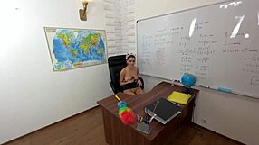 student follows cleaning lady after classroom session