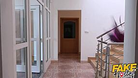 fake hostel adventure: brunette babe sucks cock in car, then fucked around hostel