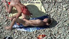 Beach voyeur busty cougar milf getting fucked by young 18+ guy, quickie outdoors.