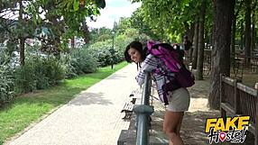 fake hostel adventure: brunette babe sucks cock in car, then fucked around hostel