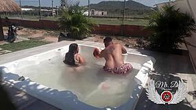 Public sex in in-laws jacuzzi! Blowjob, doggy fuck, and bareback outdoors.
