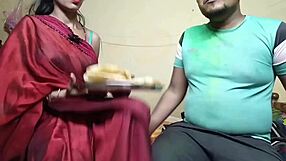 First Time Celebrating Indian Holi Festival With Neighbor's Wife In Outdoor Group Fun.