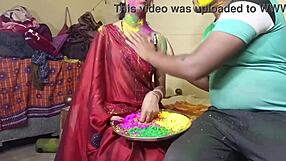 First Time Celebrating Indian Holi Festival With Neighbor's Wife In Outdoor Group Fun.