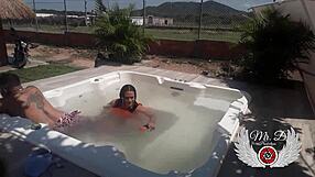 Public sex in in-laws jacuzzi! Blowjob, doggy fuck, and bareback outdoors.