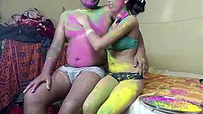 First Time Celebrating Indian Holi Festival With Neighbor's Wife In Outdoor Group Fun.