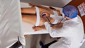 Gynecologist applies anesthetic gel inserts finger in ass and pussy of patient