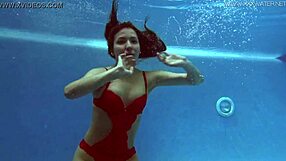 Lina Mercury Models Red Lingerie Underwater in Pool