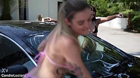 Young amateurs washing Mercedes car outdoors with natural beauty