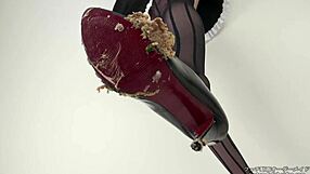 Woman steps on hamburger with stockings