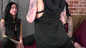 after the club closes, tattooed lesbians start a threesome at home using their sex toy