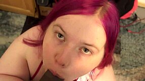 Chubby shemale Pinky gives blowjobs to big black cock and receives facial in POV