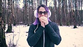 Public blowjob in snowy city park