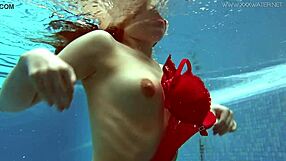 Lina Mercury Models Red Lingerie Underwater in Pool