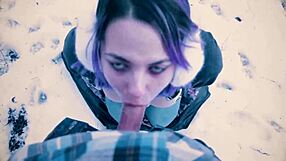 Public blowjob in snowy city park