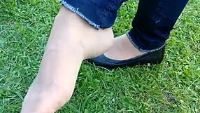 intense shoeplay and toe dipping with tan nylons and flats on the floor