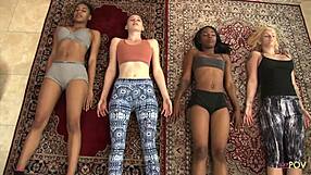 Four girls exercise in living room leading to sweaty lesbian masturbation