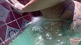 blonde nina kayy rides her huge dildo by the pool