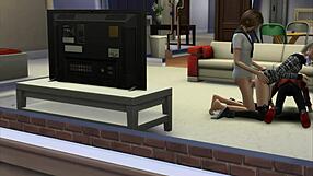 In Sims 4, the old cuckold licks her pussy