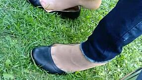 intense shoeplay and toe dipping with tan nylons and flats on the floor