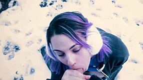 Public blowjob in snowy city park