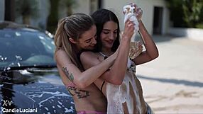 Young amateurs washing Mercedes car outdoors with natural beauty